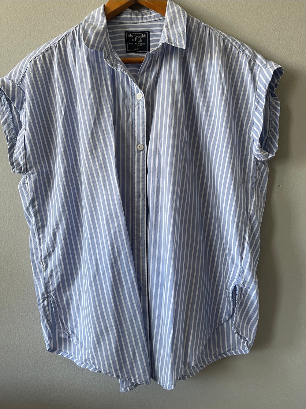 Abercrombie & Fitch Light Blue and White Striped Short-Sleeve Button-Down cotton